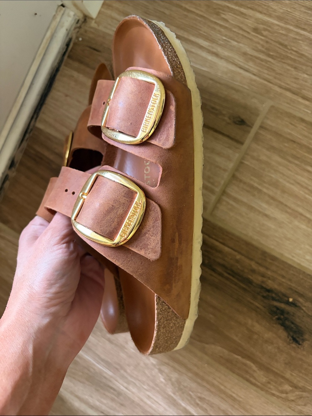 Birkenstock Arizona Brown Leather Sandals with Gold Buckles - Picture 2 of 3